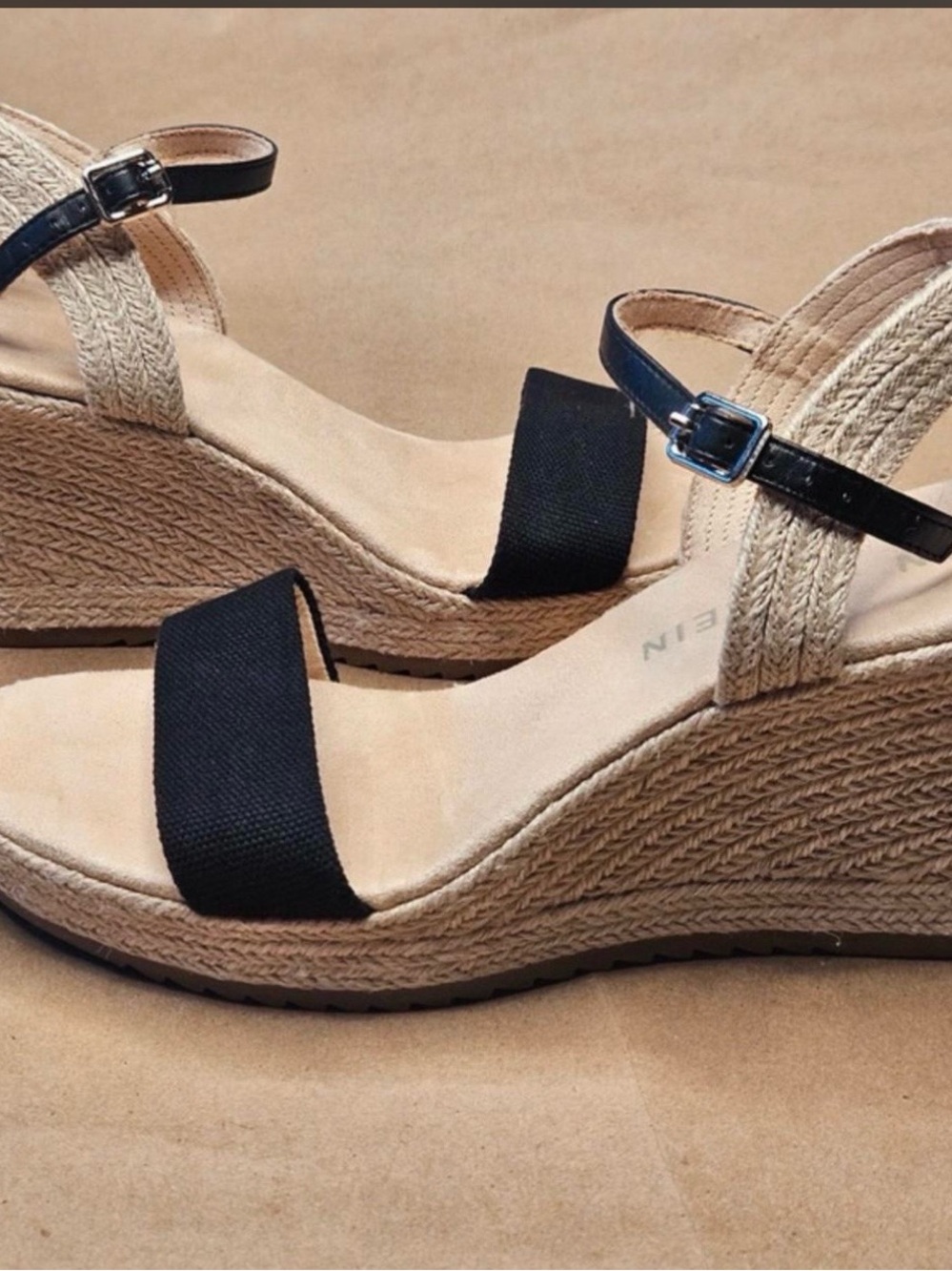 Anne Klein Black and Natural Espadrille Wedge Sandals